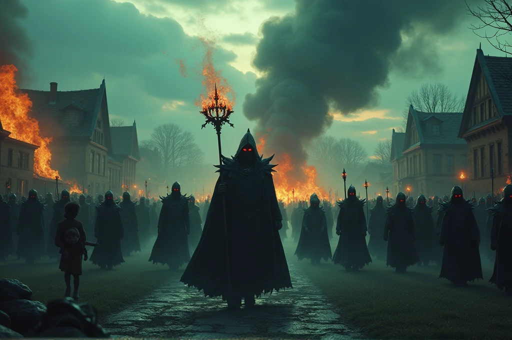 A cinematic, epic scene of a dark army led by a Dark Lord invading a village at dusk. The sky is filled with dark clouds and smoke from burning buildings, casting an eerie and apocalyptic glow. The Dark Lord, towering and menacing with glowing red eyes and dark armor, wields a staff emitting dark, crackling energy. The army consists of shadowy figures in dark armor, wielding sinister weapons, marching forward with discipline and menace. Evil magic swirls in the air, casting ominous shadows and eerie green and purple glows. Behind them, giant war beasts and monstrous creatures wreak havoc, smashing buildings and roaring. Villagers are seen fleeing in terror, some carrying children or belongings, while others fight desperately to defend their homes. Fires blaze throughout the village, adding to the chaos and destruction. The overall scene is highly detailed and realistic, capturing the intensity and terror of the invasion with a high level of cinematic quality. The style should evoke an apocalyptic and dramatic mood, with a focus on evil magic and a dark, foreboding atmosphere.