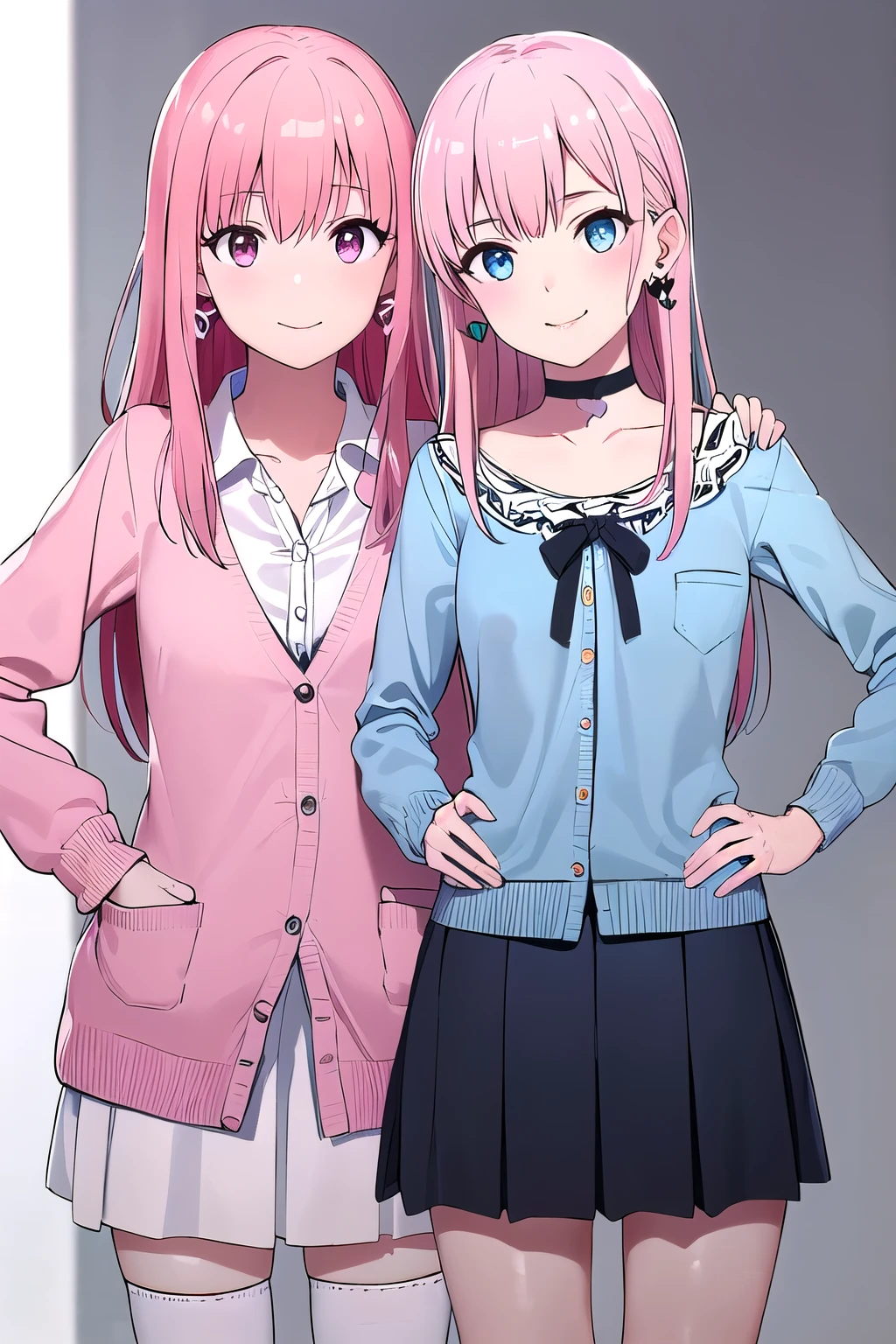(8K, top-quality, masterpiece:1.2), (reallistic, Photorealsitic:1.37), Super Detail, One girl,), (Highly detailed), (beautifully detailed eyes), (of the highest quality), (super detailed ), (masterpiece), (Detailed face),20yr old, ,1 girl, ((pink hair,long hair)), medium , clothed, Perfect Lighting, BREAK, (pastel colors:1.2), (pink:1.2), (white:1.2), (light blue:1.2), (flower pattern:1.2), (heart pattern:1.2), (ribbon accents:1.2), (long-sleeved:1.3), (blouse:1.3), (short-sleeved:1.3), (cardigan:1.3), (mid-thigh length:1.3), (skirt:1.3), (A-line silhouette:1.3), (heart-shaped pockets:1.3), (ribbon trim:1.3), (knee-high socks:1.3), (pale pink:1.3), (pumps:1.3), (heart-shaped earrings:1.3), (silver:1.3), (choker:1.3), (ribbon tie:1.3), BRAKE, (upper body and thighs:1.2), (long hair:1.2), (pink hair:1.2), (smiling:1.2), (facing forward:1.2), (head tilted:1.2), (hand on hip:1.2), (holding skirt hem:1.2), (white background:1.2), (soft lighting:1.2), BRAKE