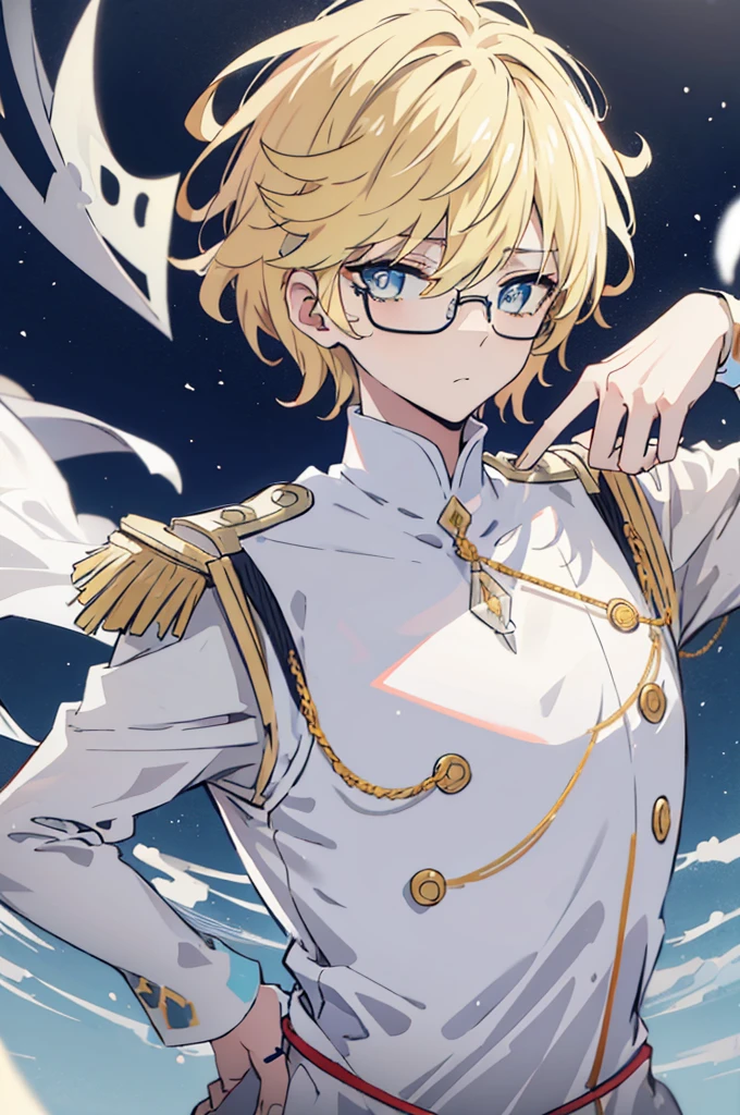 초상화, Face_through_torso, arcanepunk, 남성, Solo, short_hair(asymmetrical_bangs, light_blonde_hair, hair_over_one_eye), worried_face(sky_blue_eyes, spade shaped_pupils, glasses), 병악함, 겁쟁이, 어색한 웃음, prince outfit, white, royal, elegant, ornate, gold trim, intricate details, epaulettes, tailored fit, regal, formal, sophisticated, fully dressed, detailed clothing, shy personality, loves research, scholarly, gentle demeanor, intellectual, reserved, late 20s, tired appearance, slightly disheveled, under-eye circles, weary expression