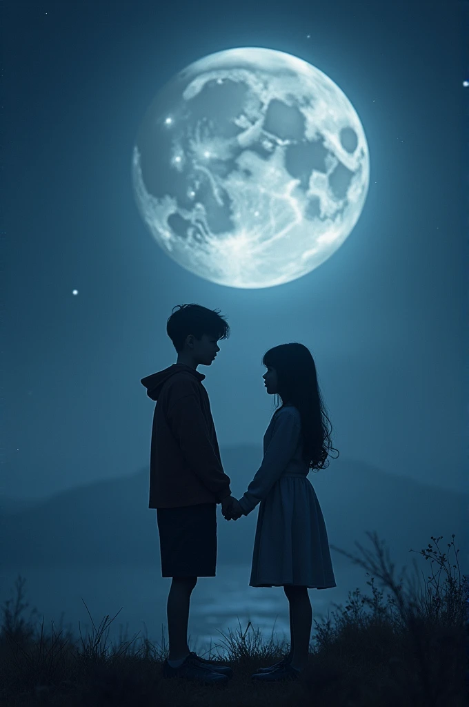 masterpiece, highest quality, Highest image quality, High resolution, photo realistic, Raw photo, full body photo, (night, giant Moon in the sky :1.4, outdoor, boy and girl, boy talking to girls:1.5, boy and girl holding both hands)