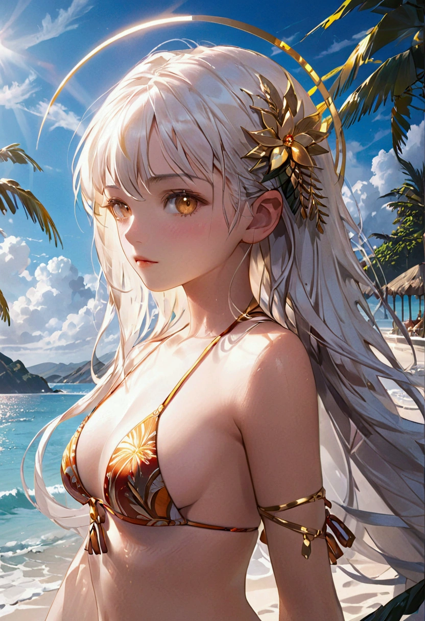 A girl with white hair and golden eyes with an aesthetic build in a bikini