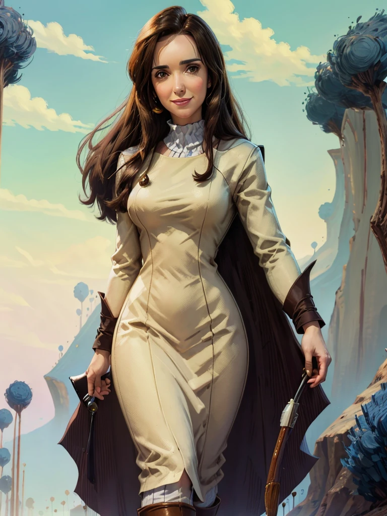 8k, Best Quality, Victoria Villarruel dressed as a lawyer, long dark brown hair, slim with wide hips, smiling warm expression. outdoor, clearing, plain, namek trees background.