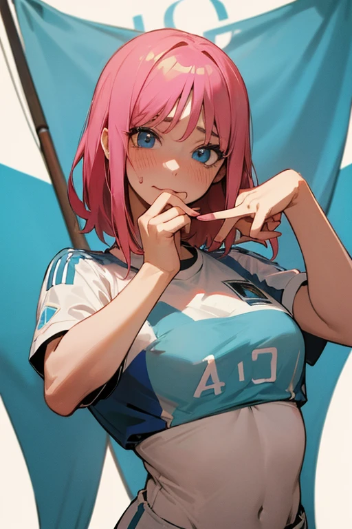 Nino Nakano,Detailed hands,pose sexy, Argentina national team shirt. And a flag painted on a cheek , encouraging