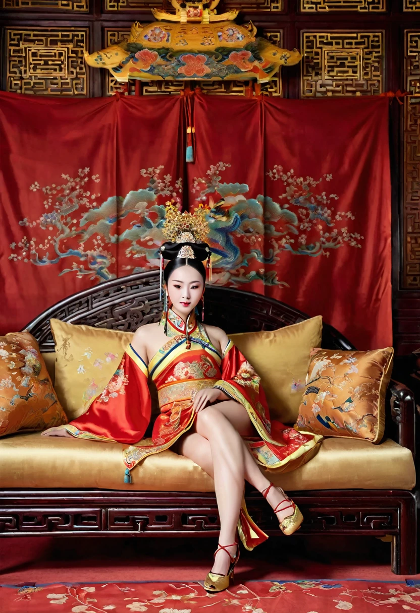 Gorgeous Empress of the Chinese Court during the Qing Dynasty Gorgeous Empress of the Chinese Court on a sofa, nude, large and golden, with her legs on the sofa, wide open, knees bent, in an M pose (pornographic pose), with her hair tied on both sides The background of this perverted and erotic woman wearing a crown and tying her hair is the Chinese court of the Qing Dynasty. The scene is set in the luxurious room of an empress in the Qing Dynasty Chinese court.
Translated with DeepL.com (free version)