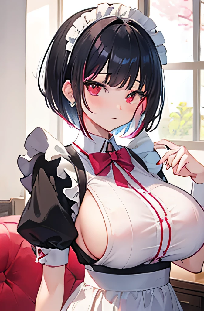 Anime, girl, age, hime-cut, short hair, black hair, red eyes, cool, earrings, highlights pink under hair, big boob, sexy-cute, full-bodied, wearing a maid uniform, visiting in home,