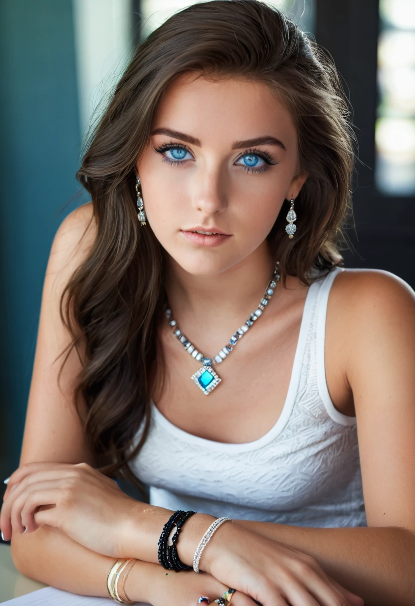 Stunning 21-year-old brunette with captivating blue eyes and black eyeliner. Sitting a desk, wearing short black skirt and white tank top. Shes wearing a small jewel necklace, diamond studded earings, bracelet and a anklet around left ankle