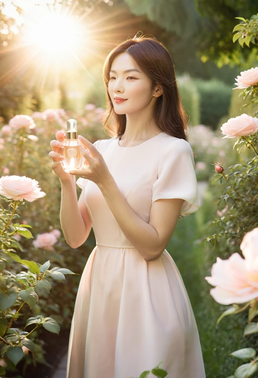 : "an elegant woman, wearing a light pink dress, delicately applies the Rosa Divina perfume in a flower garden at dawn, with soft rays of sunlight illuminating the scene."