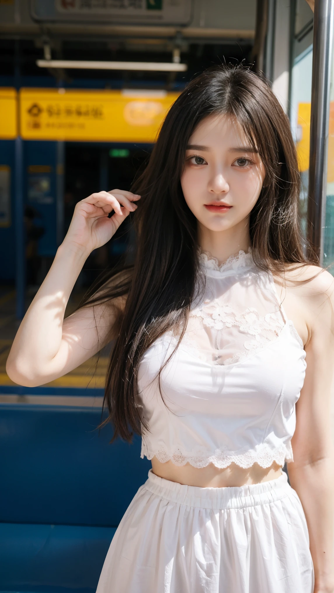masterpiece, best quality, ultra-realistic, young woman, Korean idol, wearing a white sleeveless top and a white lace skirt, stands inside a clean, modern subway train, she holds onto one of the metal poles with one hand, slight smile, long black hair, realistic body proportions, The subway train has silver benches and overhead handrails. The background includes maps and signs, highly detailed, soft shadows, focus on the model, bokeh background, 50mm lens, portrait shot, realistic skin texture