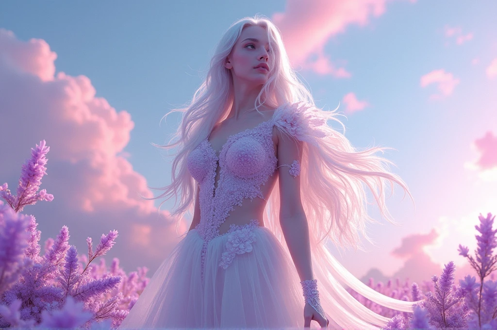 Beautiful white race woman, with long hair and Futuristic costumes made of feathers and crystals, purple flowers, wearing a white gauze skirt, against a pink and blue sky background, in the dreamy style, fantasy art, high definition wallpaper, colorful digital painting, smilecore, gorgeous scene, soft light, with exquisite details