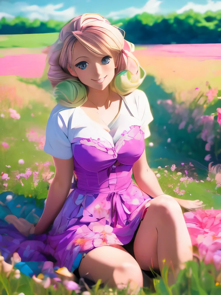 Anime girl in the anime style of the 80s sitting in a field of flowers and looking at the camera, smiling. pastel-colored