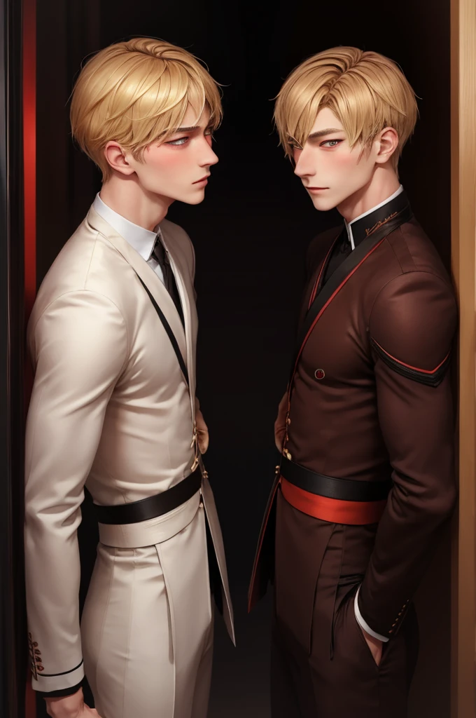 Two Men、Men staring at each other、Blonde, Red Eye、Slender、Blushing, Brown Hair、Iris、Slender