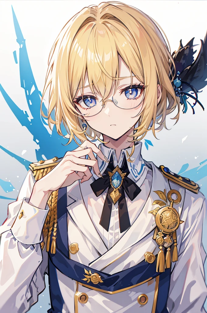 초상화, Face_through_torso, arcanepunk, 남성, Solo, short_hair(asymmetrical_bangs, light_blonde_hair, hair_over_one_eye), worried_face(sky_blue_eyes, spade shaped_pupils, glasses), 병악함, 겁쟁이, 어색한 웃음, prince outfit, white, royal, elegant, ornate, gold trim, intricate details, epaulettes, tailored fit, regal, formal, sophisticated, fully dressed, detailed clothing, shy personality, loves research, scholarly, gentle demeanor, intellectual, reserved, late 20s, tired appearance, slightly disheveled, under-eye circles, weary expression