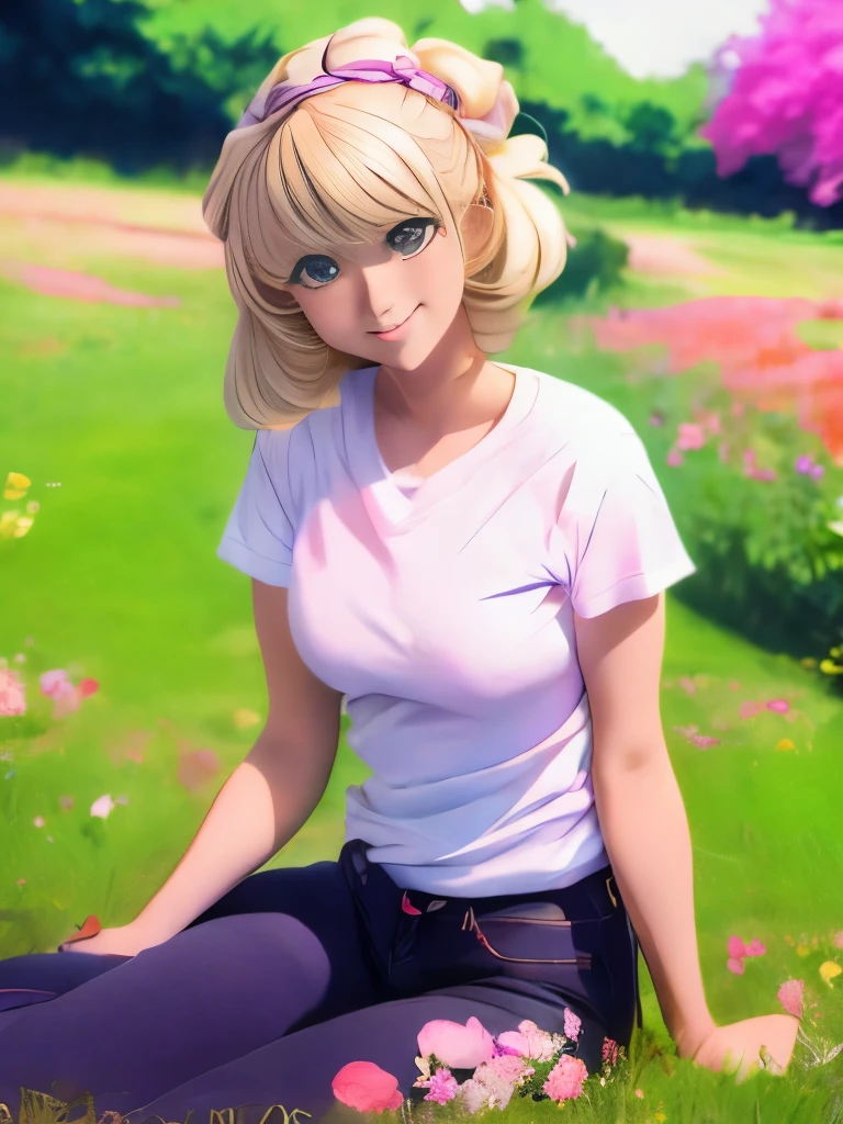 Anime girl in the anime style of the 80s sitting in a field of flowers and looking at the camera, smiling. pastel-colored