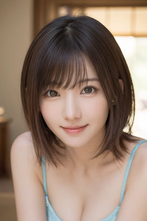 masterpiece、Highest quality、High resolution、Tabletop、wallpaper、Realistic、Bright lighting、Professional Lighting、Face Light、Smooth lighting、Japanese women、Adult、Beautiful woman、action、gravure、sexy、so beautiful、Beautiful Skin、Beautiful and detailed、Detailed face、slim、moderately、short hair、Brunette Hair、Brown eyes、Looking into the camera、smile、Cleavage Information