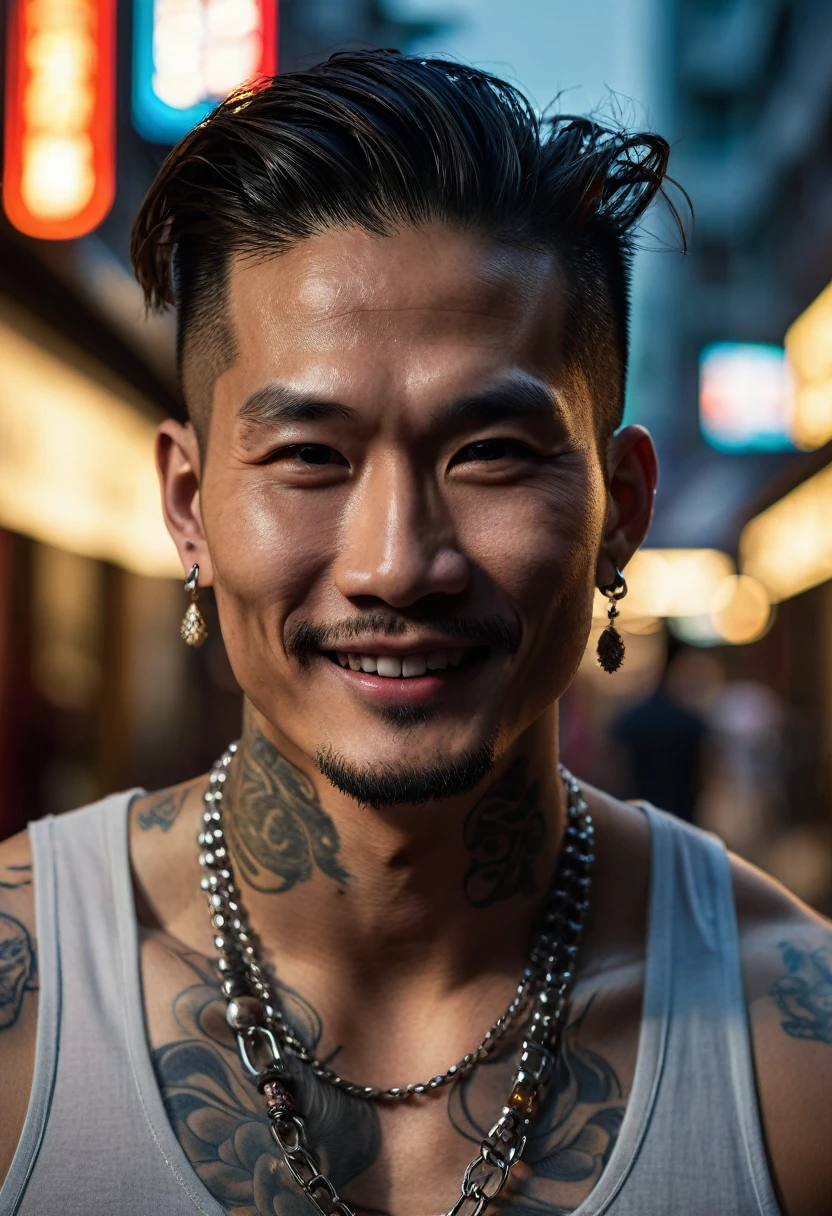 Close-up of a young man, extremely handsome, 30 years old, muscular, tattooed, wearing a necklace, hair tied up, street scene, gangster style, romance, Hong Kong cinema. Cinematic lighting, high detail, 8k, artstation, conceptual art, dark fantasy. Photo taken with Canon EOS R5 85mm f/11 camera, ((sharp)) mode of people and surrounding scenery. Image quality ((8K)), ((realistic)), ((masterpiece)), ((sharpest and highest contrast)), ((excellent depth of field)), ((stereoscopic lighting)). ((bright smile)), detailed pores, ((Direct light on face)), bright sunlight.