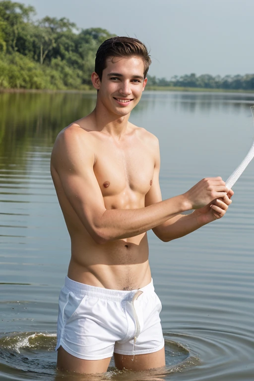 young, Beautiful, handsome, white, skinny, angelic, shirtless, pescando pez  en un hermoso pantanal de catata hombre Beautiful Beautiful trasero de costado  con una camisa mojado  trasparente  pez en su mano