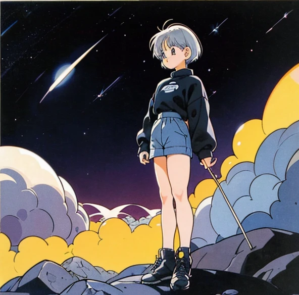 cute girl,gray hair,medium short hair,black sweater,full body,flat fill,analog,90's,1990,retro anime,many blue stars,vast landscape,night,space,shooting star,