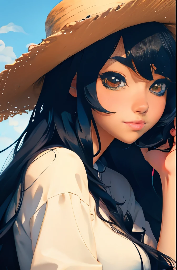 anime girl with long black hair wearing a straw hat, anime style 4 k, beautiful anime portrait, anime moe artstyle, anime art wallpaper 4k, anime art wallpaper 4 k, high quality anime artstyle, anime style portrait, guweiz, artwork in the style of guweiz, detailed digital anime art, anime art wallpaper 8 k, cute anime girl portraits