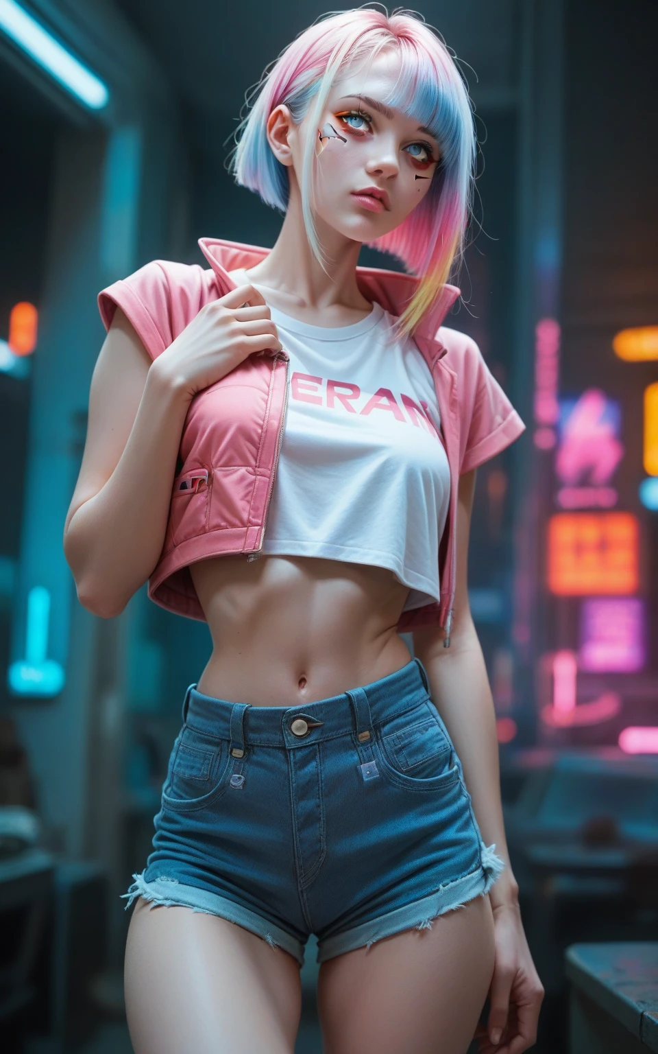 Lucy \(cyberpunk\), masterpiece, High detail, 8k, 1girl, multicolored eyes, Multicolored Hair, pink lips, parted bangs, mini shorts, cyberpunk \(series\)