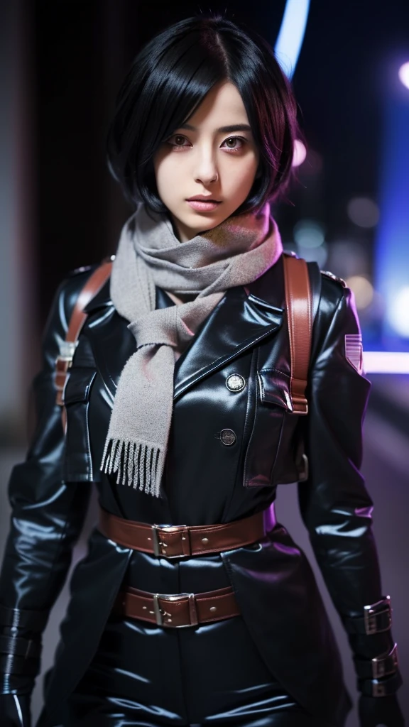 Close-up of a woman in a jacket and scarf, Mikasa Ackerman, From Attack on Titan, anime girl Cosplay, anime Cosplay, Similar to Annie Leonhart, full-Cosplay, Cosplay, female Anime characters, realistic Cosplay, professional Cosplay, Anime characters, Attack on Titan anime style, Portrait of a female anime hero, Real life anime girls