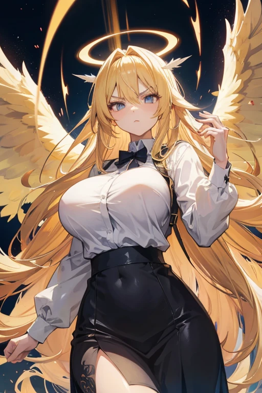 Anime girl Angel with big breasts, long blonde hair, with big beautiful wings and angry look, in the background with the entrance to heaven