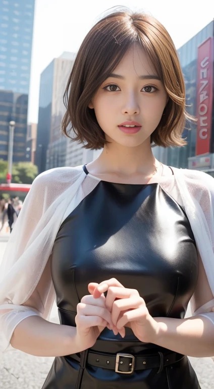 Highest quality、masterpiece:1.2、(Realistic、Realistic:1.37)、One Girl、cute、Cityscape、night、rain、Wet、Professional Lighting、Photon Mapping、Radio City、Physically Based Rendering、Gradient brunette hair、Short Curly Hair、good looking、White ball set、Excellent image quality、High resolution、1080P、(Clear Face)、(Detailed face description)、(Detailed hand description)、(Masseter region)、(Exquisite CGI)、 Extreme light and shadow、My hair is messy、masterpiece、Rich details、(Exquisite facial features)、(Best image quality)、(masterpiece)、(Eye for details)、Looking forward to meeting you、Delicate clavicle、Leather Belt、((Leather Dresses))、