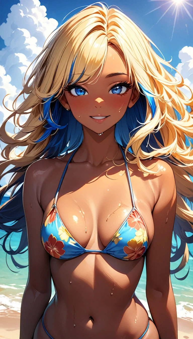 (highest quality:1.2, Very detailed, up to date, Vibrant, Ultra-high resolution, High Contrast, masterpiece:1.2, highest quality, Best aesthetics), Portraiture、girl、slim, Bright colors、Beautiful fine details、Beautiful lip detail、long hair, ((wavy hair:0.6))、messy hair, (blonde and blue:1), ((streaked hair:1.1)), highlights hair: 1.3, medium breast, (tan skin:1.3), beautiful beach, day, sun shine, blue sky, string bikini, flower print, wet skin, happy, Cowboy shot,