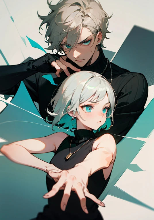 The boy has two block haircut or two side hair, light grey hair, silver hair, really short hair, death stare, short but messy hair, cyan eyes, man earrings, black turtleneck sweater for boy, men necklace, popular, kpop outfit, soft, cool, ikemen, handsome, aesthetic, anime artstyle, masterpiece, best quality, detailed, professional artwork, digital art, irresistible, gorgeous, looking you, pure art, 4k, hd