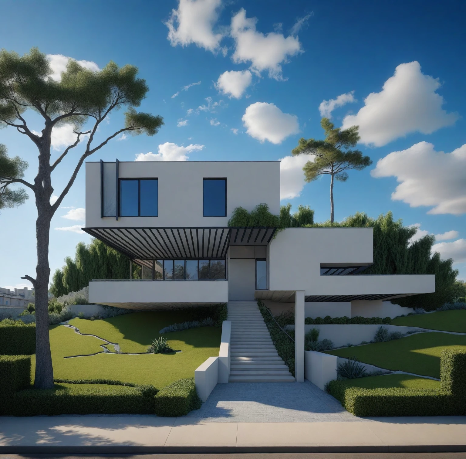 Architectural style Architectural style,  ((Classic Style House)),(masterpiece) , ((best quality)), dramatic lighting, high quality outdoors, sky, day, cloud, tree, blue sky, building, scenery, road, real world location,  sunlight, enough detail, high resolution,super realistic, Photorealistic, highly detailed, balcony, plants, door, car, truck, parking slot, paving, . Clean lines, architectural drawing, highly detailed  , . Clean lines, geometric shapes, minimalist, modern, architectural drawing, highly detailed