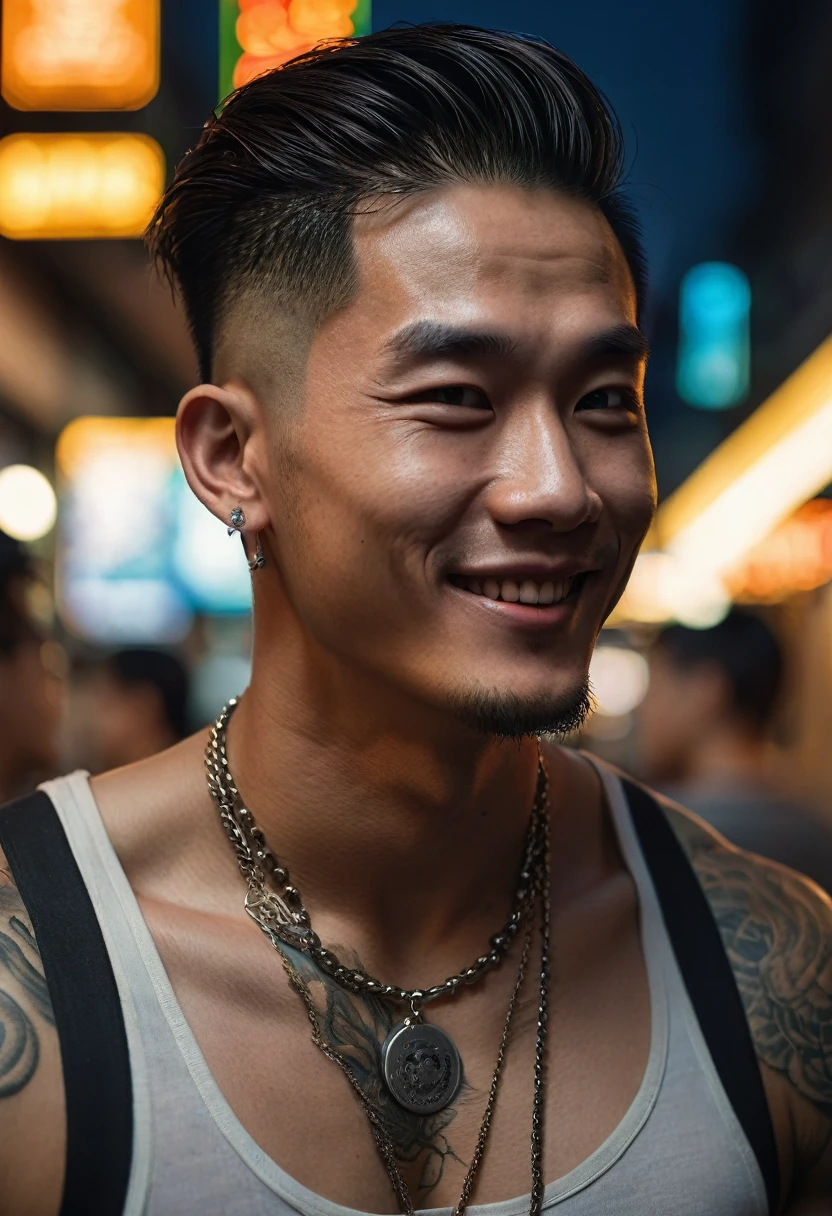 Close-up of a young, extremely handsome, 20-year-old, muscular, tattooed, necklace, hair tied up, street scene, gangster style, romance, Hong Kong cinema, ((drinking beer)). Cinematic lighting, high detail, 8k, artstation, conceptual art, dark fantasy. Photo taken with Canon EOS R5 85mm f/11 camera, ((sharp)) mode of people and surrounding scenery. Image quality ((8K)), ((realistic)), ((masterpiece)), ((sharpest and highest contrast)), ((great depth of field)), ((stereoscopic lighting)). ((bright smile)), detailed pores, ((Direct light on face)), bright sunlight.