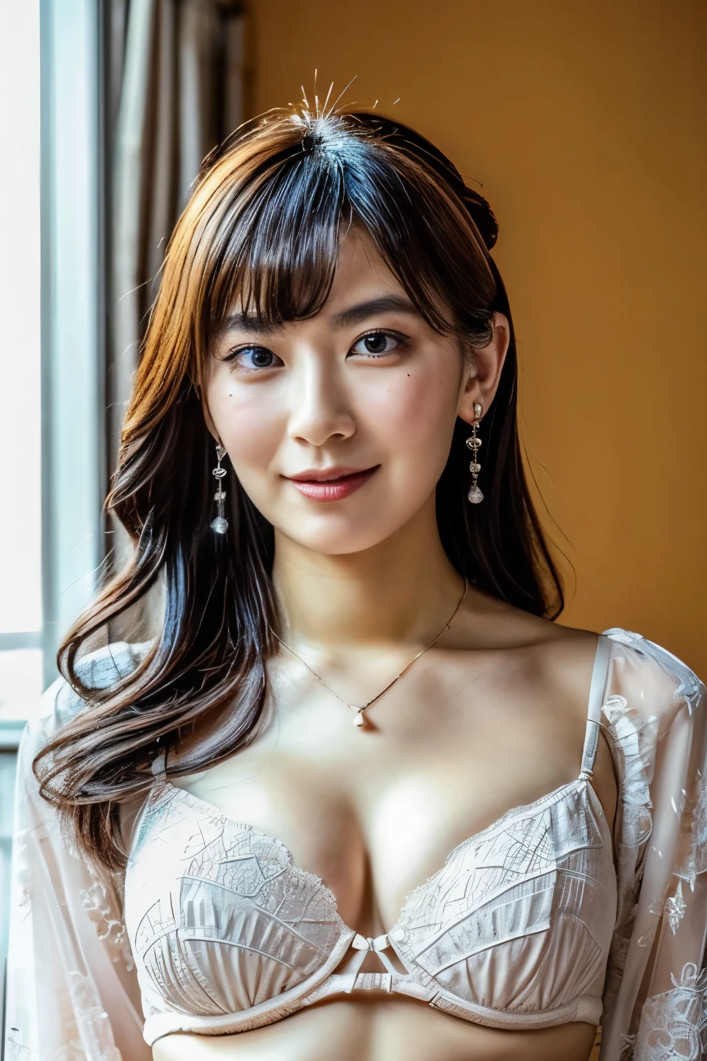 (realistic, photo-realistic:1.4), (best quality, masterpiece:1.2), RAW photo, high resolution, intricate details, extremely detailed, realistic and sharp details, cinematic lighting, portrait, looking at viewer, solo, a 30 years old Japanese woman, (flat chest, tiny breasts, poor size bust:1.2), (sheer lingerie, thin strap, tiny thong, G-string, thighs:1.2), necklace, earrings, jewelry, detailed face, beautiful detailed eyes, beautiful pupils, sophisticated nose, pale skin, fine-textured skin, photo background, indoors, high-class hotel,