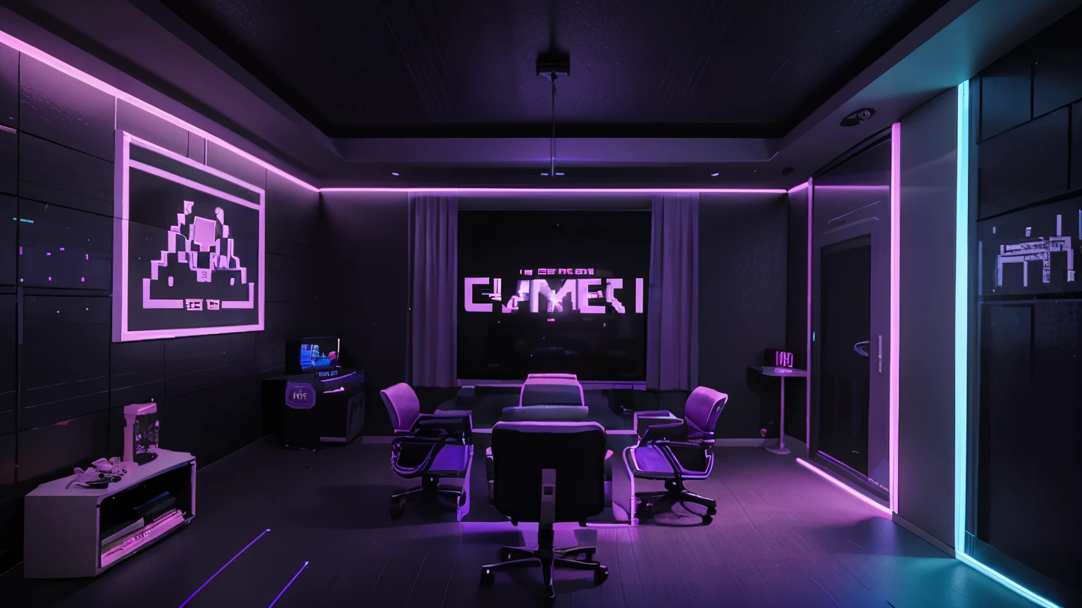a purple and black gamer room with light blue and pink neon lights in pixel art