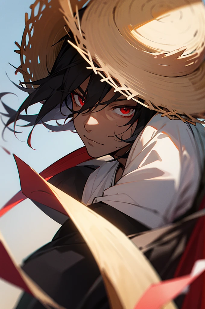 Male, black skin, red eyes, straw hat