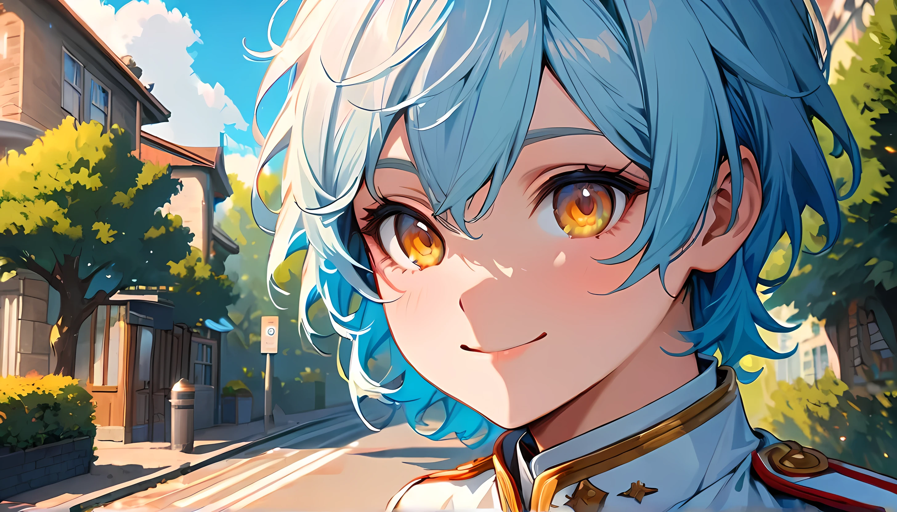 (absurdities, High resolution, ultra detailed), (1 chico:1.3), light blue hair, young, ,gold eyes, Beautiful, black and white uniform, Street, trees, rosa, Vibrant,smile, quiet, good anatomy, schoolbag