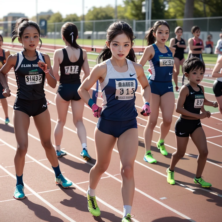 SFW, ExtremelyDetailed (((Track Athlete Kids group in a row:1.4))), Childish perfect face, Reflective Eyes, Detailed(Delicate Clothing textures), Corrected Leg to Foot Line, Dynamic Joyful Expressions LifeLike Rendering, ((Specular Reflection:1.2)), mirrors, TopQuality 8K Ultra-detailed masterpiece (ProfessionalPhoto:1.37)(Acutance:0.8),(Luminism),(Exposed:0.28)