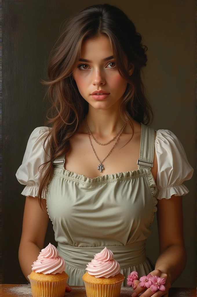  
Spanish old master painting of a busty american brunette girl, 24 years old. baker's apron, modestly dressed, detailed eyes and face,ultra detailed messy hair,Attractive appearance,confident look,long eyelashes,beauty,sexy brunette, fairys hiding behind cupcakes, sharp focus,vivid colors, bakery, baking cupcakes, studio lighting