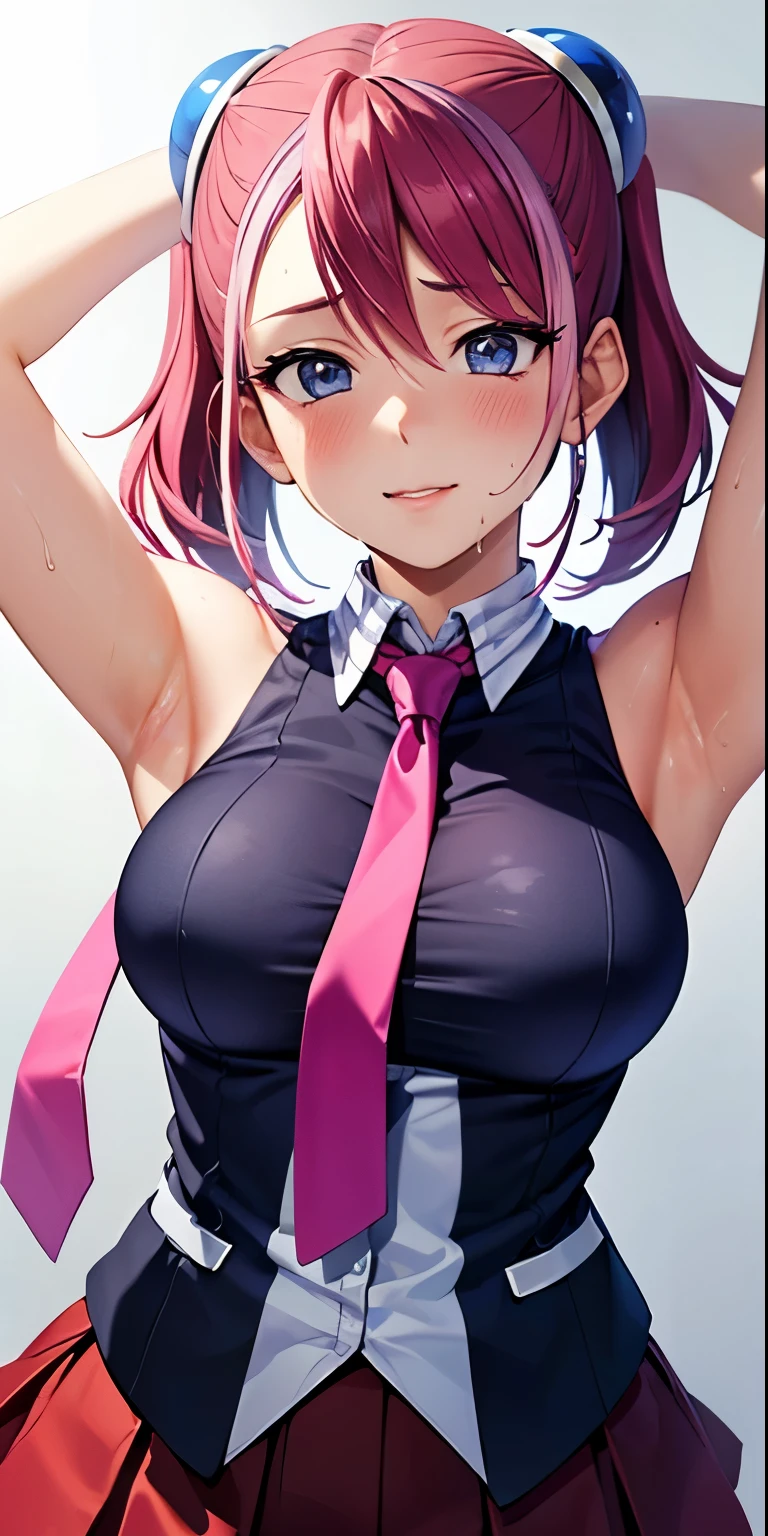 1 Female,High definition,high resolution,Ultra-realistic,8K, hy1, hair ornament, multicolored hair, necktie, skirt, sleeveless, , pink skirt, tight skirt,miniskirt, jewelry,European,sexy,Upper body close-up,Photographed from the front,Dynamic Angles,blush, medium tits, happy, wink the eye,facial, sweat,multicolored hair ,  arms up,arms together 