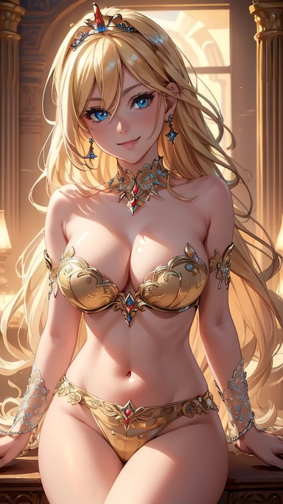 (photo realistic:1.4), (masterpiece, the highest quality,
ultra-high definition and 8K quality, side light, beautiful detailed eyes:1.2), masterpiece*portrait, realistic, blonde hair, 3d beautiful face, glowing blue eyes, Very long eyelashes,, glowing hair, shiny skin, ((very large breasts)), Tiara, earrings, alone, ((charming smile)), (abdomen),, cleavage, camel toe
