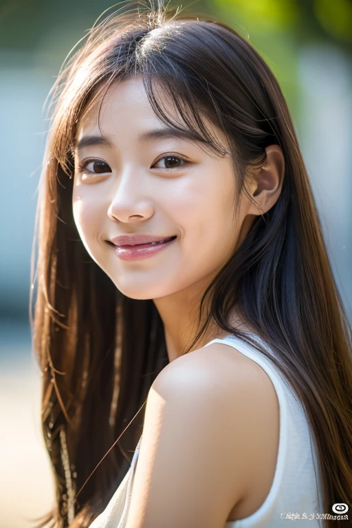 Portrait、8k、high quality、Realistic Photographic Images、Upper Body、Japanese women、30th Generation、Cleanliness、Recreates natural, radiant and realistic eyes、Droopy eye corners、Small black eyes、Glowing Skin (Dimples,Gentle smile)、(Shiny dark brown color、Medium long loose hair)、Sappin'、light makeup、Golden ratio composition、頬にDimples、(Light blue blouse、The collar is white)、Natural background and light、Cityscape、Serene atmosphere