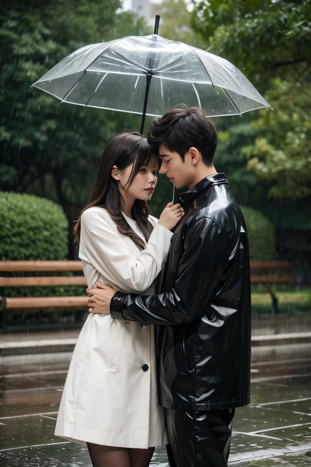 boy and girl together in the rain at the park