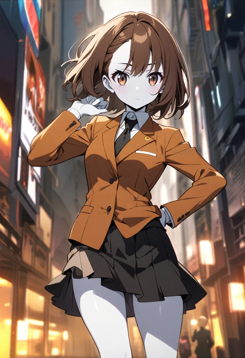 anime character ,brown hair color,Hair collected,Suit, short black skirt ,Brown eyes,White skin,