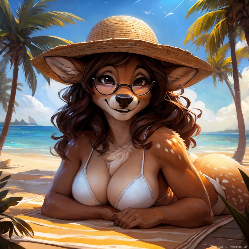 uploaded on e621, artstation, by Pixelsketcher, by Bayard Wu, by Thomas Benjamin Kennington , by Einshelm, by hioshiru and kenket, Chunie, portrait, solo anthro female deer doe, tiny featureless breasts, tiny breasts, clear dark blue, cinematic lighting, day, sunny day, beach, walks on a beach, ocean background, horizon background, palm trees background, palm trees, shiny, short curly dark brown hair, shoulder long hair, wears big black nerd glasses, very very beautiful furry art, furry art, smiling, joyful, shiny, happy, feminine, cute face, muzzle, fluffy chest, flawless face, Fallow deer, 1girl, Sakimichan is beautiful, Masterpiece, Wavethesallow Face, shiny, Detailed image, portrait, Detailed image, portrait, wears pure white bikini, shiny, realistic face, perfect anatomy, hourglass body, (furry body:1.1), anthropomorphic deer, happy, very happy, small ears, huge black nerd glasses, full body, lays on a sun towel, enjoys the sun, a few palm trees in the background, wearing big and wide beige summer straw hat
