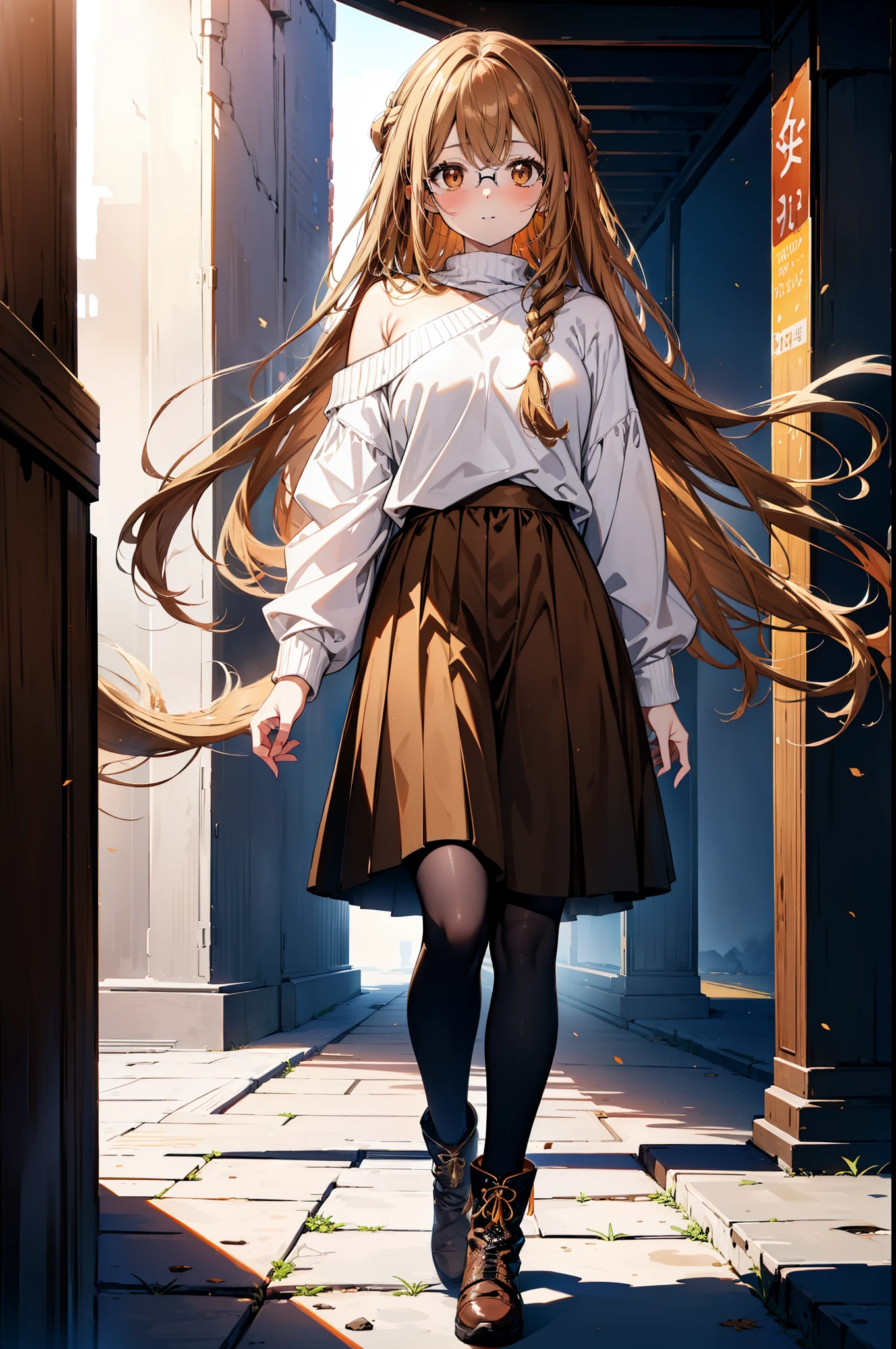 a sun ayuuki, a sun a yuuki, Long Hair, Brown Hair, (Brown eyes:1.8),smile,blush,Long braids,Black-rimmed glasses,Red one-shoulder sweater,Long skirt,Black pantyhose,short boots,Daytime,Clear skies,Walking,whole bodyがイラストに入るように,
break outdoors, Building district,
break looking at viewer, whole body,
break (masterpiece:1.2), Highest quality, High resolution, unity 8k wallpaper, (figure:0.8), (Beautiful attention to detail:1.6), Highly detailed face, Perfect lighting, Highly detailed CG, (Perfect hands, Perfect Anatomy),