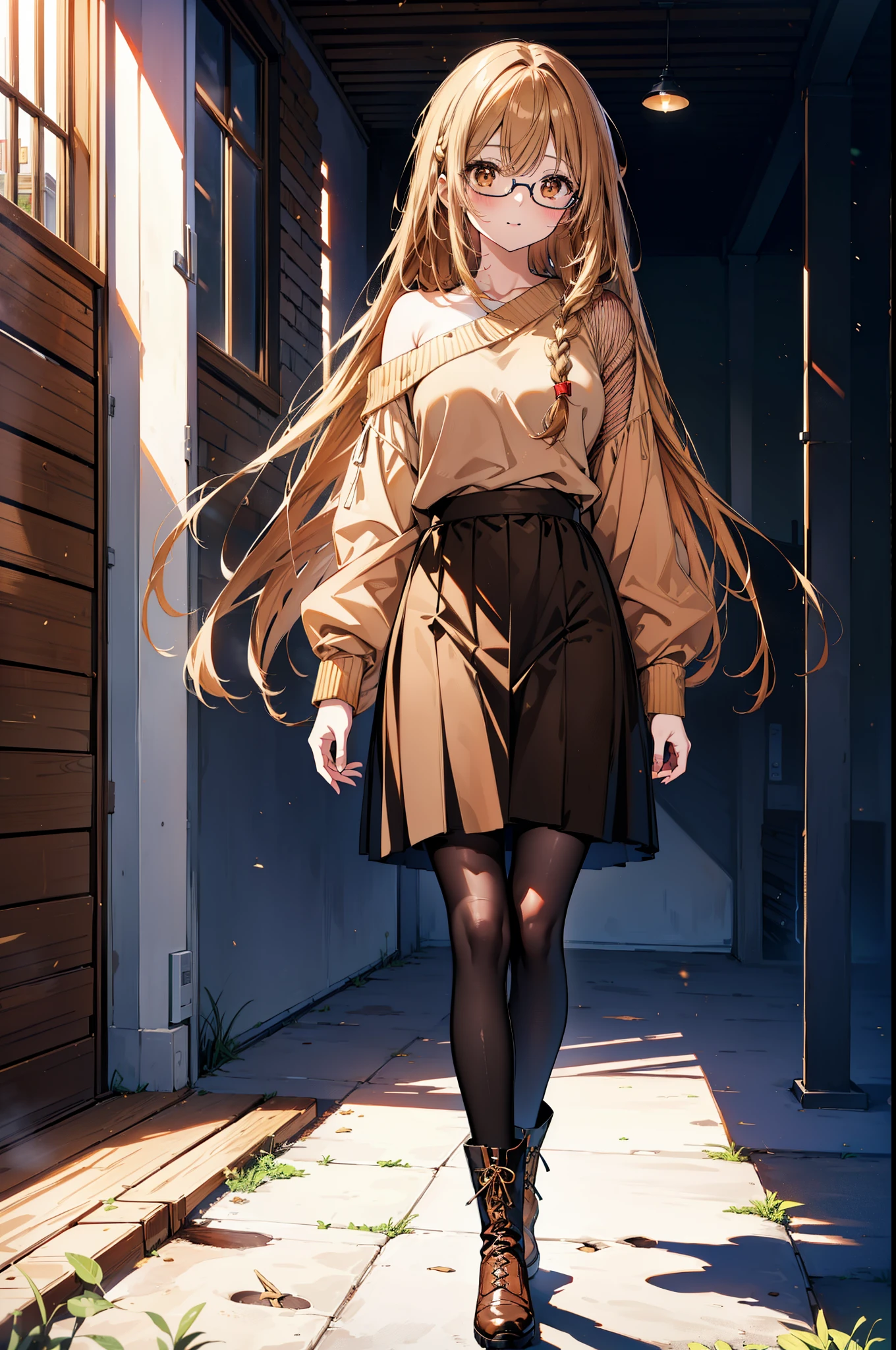 a sun ayuuki, a sun a yuuki, Long Hair, Brown Hair, (Brown eyes:1.8),smile,blush,Long braids,Black-rimmed glasses,Red one-shoulder sweater,Long skirt,Black pantyhose,short boots,Daytime,Clear skies,Walking,whole bodyがイラストに入るように,
break outdoors, Building district,
break looking at viewer, whole body,
break (masterpiece:1.2), Highest quality, High resolution, unity 8k wallpaper, (figure:0.8), (Beautiful attention to detail:1.6), Highly detailed face, Perfect lighting, Highly detailed CG, (Perfect hands, Perfect Anatomy),