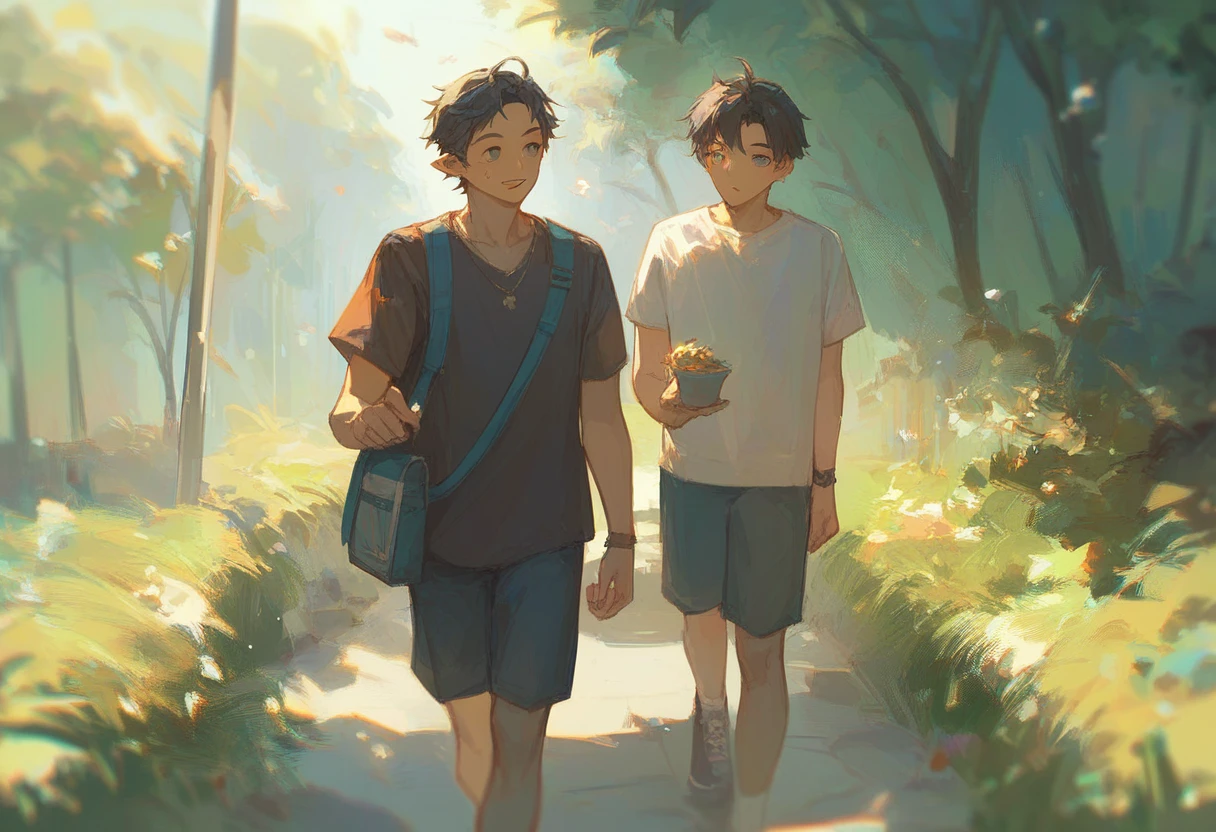 2 boys, cute face, holing hand, walking, eating coockies, light, 2 characters