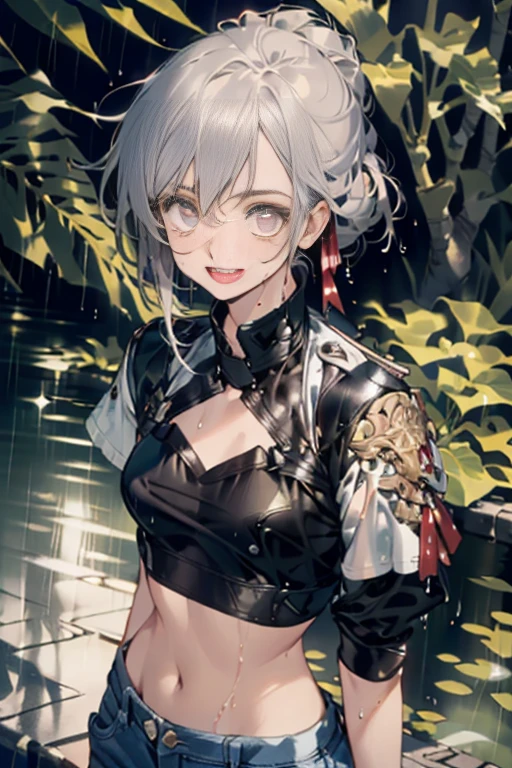 (((professional: Step by Step, taking into account even the smallest detail, God Level Final Result, full body with intricate details, only 1 girl, Image: all the intricate details, masterpiece))): "Quality 3, hyper details,17-years-old white woman with random colored hair Wet hair tied back with a red ribbon Her eyes are the same color as her wet hair, (perky chest:1.1), (pointed chest:1.3), medium hips, delgado, clothing white crop top and denim miniskirt, A jungle background under a constant torrential rain that soaked them, Wet Back Posture, showing her beautiful body , flirty face, pedestal invisible,, film grain, fuji colors, contrast of lights and shadows, textured skin, dynamic pose, realism, sunlight, high contrast, very sexy pose" ,(with sparkling eyes and a contagious smile),open mouth, Looking at Viewer,