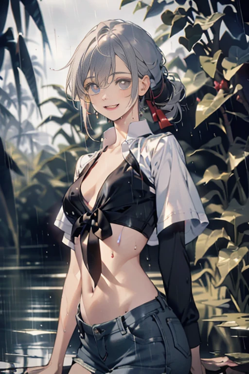(((professional: Step by Step, taking into account even the smallest detail, God Level Final Result, full body with intricate details, only 1 girl, Image: all the intricate details, masterpiece))): "Quality 3, hyper details,17-years-old white woman with random colored hair Wet hair tied back with a red ribbon Her eyes are the same color as her wet hair, (perky chest:1.1), (pointed chest:1.3), medium hips, delgado, clothing white crop top and denim miniskirt, A jungle background under a constant torrential rain that soaked them, Wet Back Posture, showing her beautiful body , flirty face, pedestal invisible,, film grain, fuji colors, contrast of lights and shadows, textured skin, dynamic pose, realism, sunlight, high contrast, very sexy pose" ,(with sparkling eyes and a contagious smile),open mouth, Looking at Viewer,