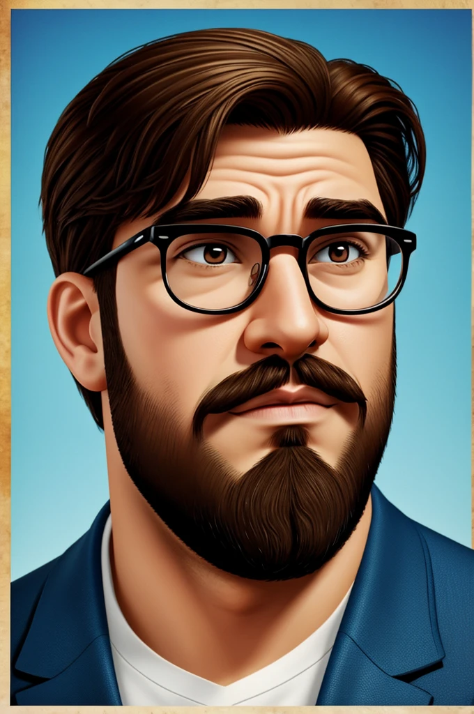 Pixar style poster of a stocky man with short beard and brown eyes wearing glasses