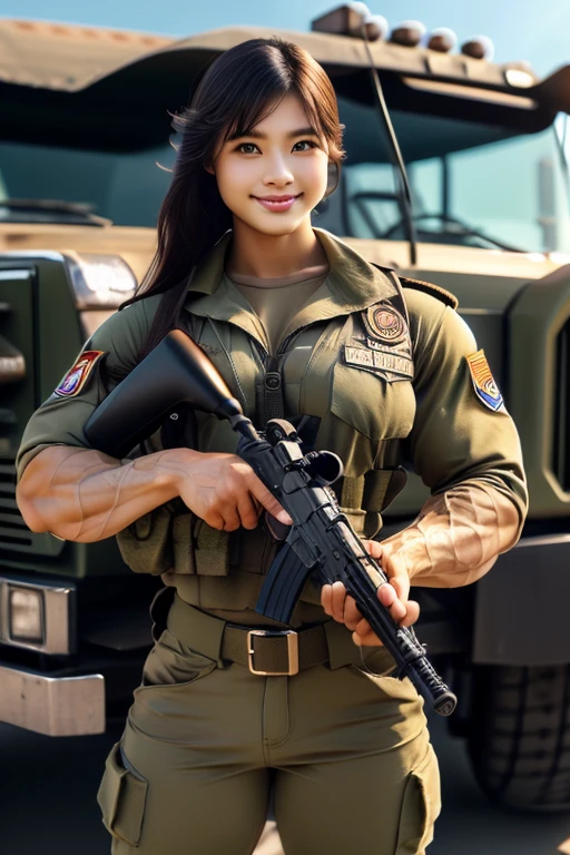 (8K, Raw-Photo, best qualtiy, tmasterpiece:1.2),(realisticlying, photograph realistic:1.4),(Highly detailed CG unity 8k wallpaper),(Round face: 1.5), (detailed pupil:1.3),(Cool Eyes:1.1),(little smile:1.1),(Unforgettable Eyes:1.1),(The eyes are so beautiful:1.1),A young but very beautiful 35-year-old Malay female soldier stands in front of a snowy mountain valley ,K2 rifle in hand,Clothed Malaysian Commando Corps Uniform, strong muscles,Marine Girl, assault rifle, (holding rifle: 1.3), (Aim and hold the rifle...: 1.3),navels, glove, Ripped military pants,