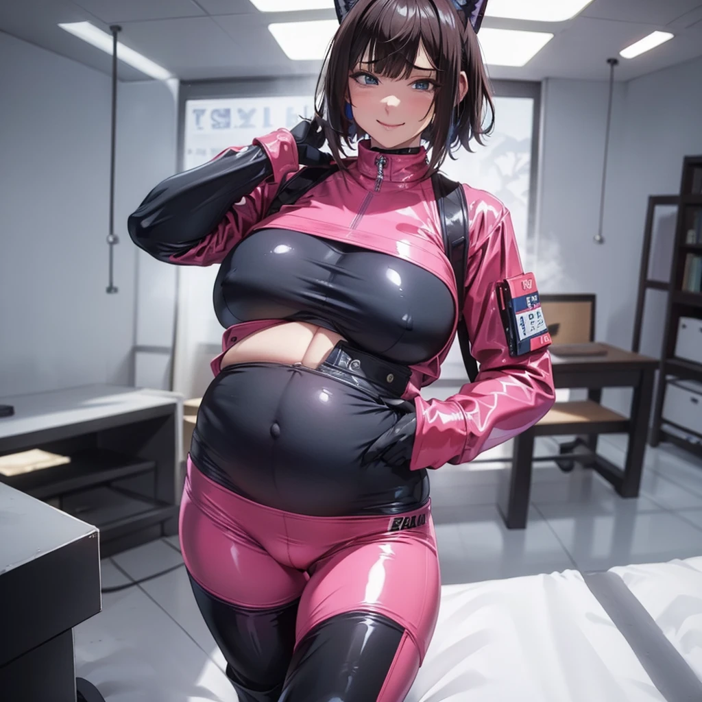 software, (Beautiful pink latex pants, Latex jumpsuit with top,Black long boots,Black long gloves,Sailor suit), (Big Breasts, Beautiful breasts, Large Breasts), Firm breasts, Narrow waist, Curvaceous figure,Thick legs,Pregnant belly ,Ahegao, Roll your eyes,saliva, smile,Drooling, Sweat, trembling, Shortness of breath,Highest quality, One girl, Black Hair, Bow-legged,Bob Hair, Open your mouth,smile